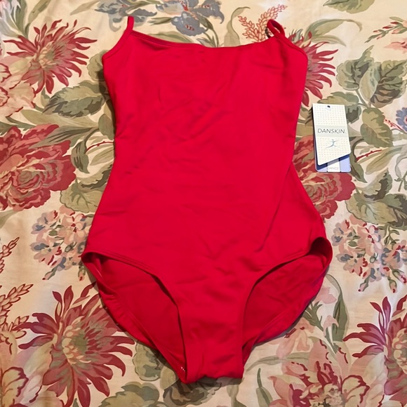 DANSKIN sz Large Swim Leotard Classic  Red Scoop-neck Adjust Strap $64 NEW - Picture 2 of 15